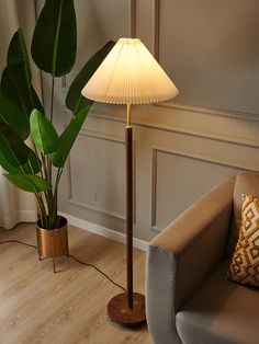 a living room with a couch, lamp and potted plant on the floor next to it