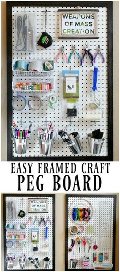 the peg board is organized with many different things to make it look like they are hanging on