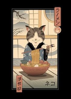 a cat sitting in front of a bowl of noodles with chopsticks on it