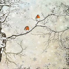 two birds sitting on a branch in the snow, one is red and the other is white