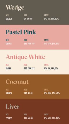 Colors:
615C50
E8A9A1
FAEFDE
945B29
773822 Hex Codes Color Palette, Hex Code Color Palette, Instagram Colour Palette, Vintage Palette, Website Color Schemes, Flat Color Palette, Rgb Color Codes