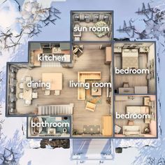 an aerial view of a house in the snow with four rooms and three living areas