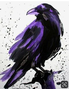 a painting of a purple and black bird on a branch