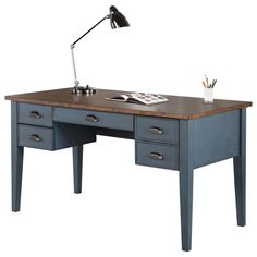 a desk with two drawers and a lamp on top