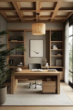 a home office with wood paneled ceilinging and open shelving units on the wall