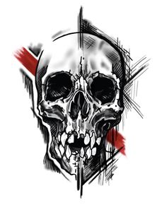 a black and white drawing of a skull with red paint splatters on it