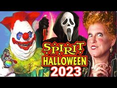 two clowns dressed in halloween costumes with the caption spirit halloween 2023 written below