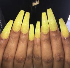 Check out @guapshawty ❤️ Birthday Nail, Yellow Glitter, Striped Nails, Glitter Acrylic, Metallic Nails