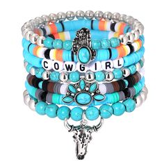 PRICES MAY VARY. Western Cowgirl Turquoise Beaded Stretch Bracelets: A stylish addition to any jewelry collection, these colorful beads stretch bracelets feature a unique western cowgirl pattern and bright turquoise accents.Add a touch of the wild west to your outfit with this classic cowgirl-inspired turquoise beaded stretch bracelet. Aztec Turquoise Charm Bohemian Stackable Bracelets: Add a touch of bohemian style to any look with this eye-catching stackable bracelet set. Features an intricate Cowgirl Beaded Bracelets, Beaded Western Bracelets, Western Stackable Bracelets, Popular Beaded Bracelets, Turquoise Beaded Jewelry, Western Bracelet Ideas, Western Beaded Bracelets, Bracelet Patterns Clay Beads, Country Bracelets