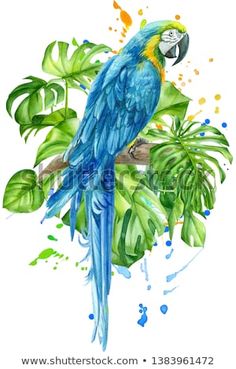 a blue parrot sitting on top of a tree branch next to green leaves and plants