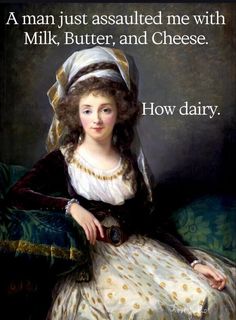 a woman sitting on top of a blue couch next to a quote about milk and cheese