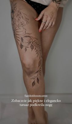 a woman's legs with tattoos on them and the words in spanish above her