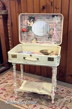 an old vanity has been transformed into a dressing table with drawers and mirror on top