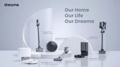 an advertisement for the home electronics company, with its products displayed in front of it