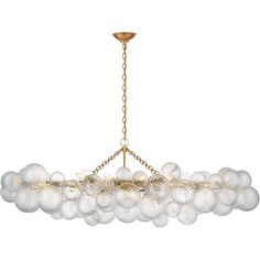 a large chandelier with glass balls hanging from it's golden chain, on an isolated white background