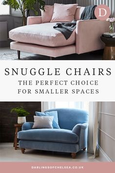 a pink and blue couch with the words snuggle chairs in front of it