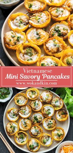 mini savory pancakes on a plate with chopsticks next to them