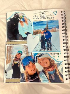 three pictures of people in ski gear on a sheet of paper with the words bluebird days written below them