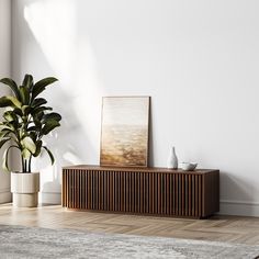 a plant in a white vase next to a wooden cabinet on a hard wood floor