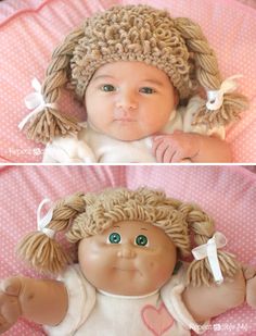 two pictures of a baby doll with blonde hair