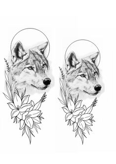 two drawings of wolfs with flowers in their ears, one is black and white