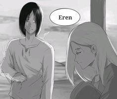 an anime scene with two women facing each other and the caption reads, eren