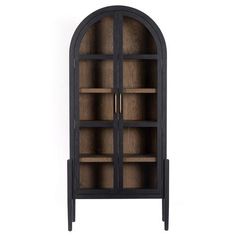 an arched wooden cabinet with glass doors on the front and bottom shelves, against a white background