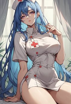 a woman with blue hair sitting on top of a bed next to a window and wearing a nurse's uniform