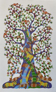 a tree with many animals on it and the branches are painted in multicolors