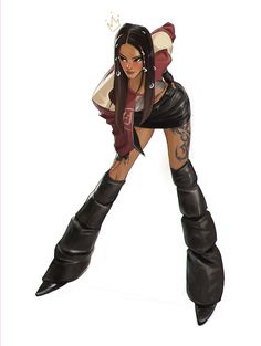 a drawing of a woman in leather pants and boots