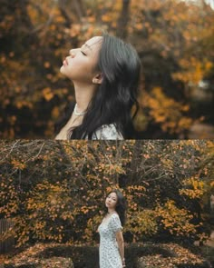 a woman standing in front of trees with her eyes closed and looking up at the sky