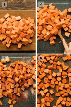 how to cut up sweet potatoes on a cutting board with pictures showing step by step