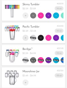 an info sheet showing the different colors and sizes of plastic tumblers for each type of drink