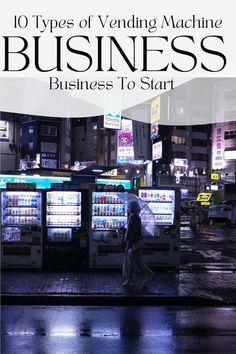 a person walking down the street in front of vending machines