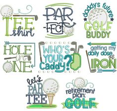 embroidery designs for golf related items including tees, balls, and clubs with the words who's your caddy?