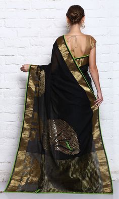 Black Chanderi Saree Brocade Saree, Chanderi Saree, Yellow Lehenga, Border Saree, Simple Sarees, Black Saree, Saree Trends, Indian Saree