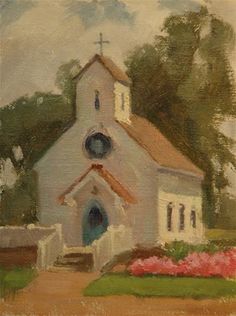 an oil painting of a church with flowers in the foreground and trees in the background