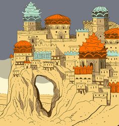 an artistic drawing of a castle in the desert