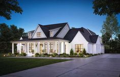 this is an artist's rendering of the front elevation of these modern farmhouse house plans