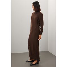 Brown knit (30% Wool, 30% Viscose, 30% Polyamide, 10% Cashmere). Sweater Sheath. Long sleeves. Turtleneck. Pull on. 47" from shoulder to hemline. Imported. Brown Knit Winter Dress, Classic Fitted Sweater Dress For Winter, Elegant Knit Turtleneck Dress, Elegant Turtleneck Maxi Dress For Fall, Classic Long Fall Dresses, Classic Long Dresses For Fall, Fall Maxi Dress For Workwear, Chic Brown Knit Sweater Dress, Fitted Classic Midi Dress For Fall