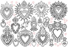 a drawing of many hearts and flowers