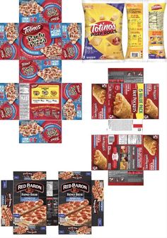 several packages of food are shown in this graphic design, including pizzas and chips