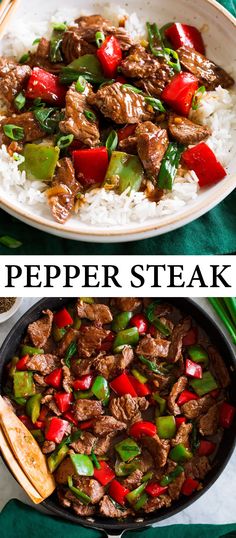 two pictures of beef and peppers in a skillet with white rice on the side