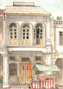 a drawing of a building with an awning on the front and two people standing outside