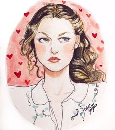 a drawing of a woman's face with hearts around her neck and shoulders on a white background