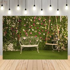 a room with flowers on the wall and two benches