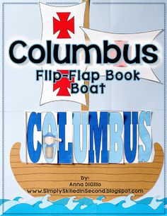 the columbus flip - flop book boat is shown in blue and red letters with an arrow on it