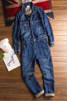 Vintage Blue Denim Jacket Set Casual Jumpsuit Loose Blue Jeans, Fashion Workwear, Blue Cargo Pants, Jumpsuit Blue