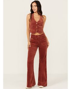 99% cotton / 1% elastane. Zip-fly with button closure. 5 pocket styling. High rise. Brick red corduroy fabrication. Finished hems. Corduroy Flare Pants, Fall Fashion Skirts, Boot Barn, Pant Women, Retro Women, Boots For Sale, Trouser Jeans, Flare Pants, East Coast