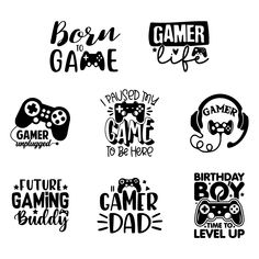 six different logos for video games and gaming related items, each with the words born to game